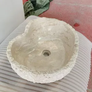 Modern Fashionable Heart Shape Design Travertine Marble Stone Countertop Hand Wash Sink for Villa Hotel Bathroom Sanities thumbnail-2