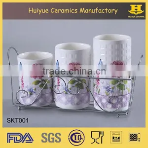 Set of 3 Ceramic Utensil Holder With Metal Stand Flower Design thumbnail-1