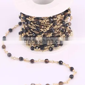 Fashion 5Meter Brown Agate Faceted Round Bead Rosary Style Chain, Gold Plated Wire Wrapped Chain Necklace DIY Jewelry Findings thumbnail-1