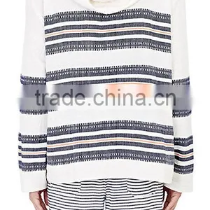 V-neck Side On-seam Pockets Pullover Navy and Orange Mixed-stripe Cotton-blend Hoodies thumbnail-2