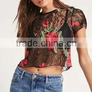 Guangzhou Shandao OEM Service Summer New Design Fashion Short Sleeve Black Lace Embroidered Womens Crop Top thumbnail-2