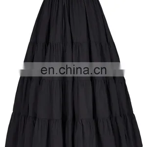 Belle Poque Women's Solid Black Color Wide Hem Cotton Maxi Skirt Long Skirt BP000207-1 thumbnail-2