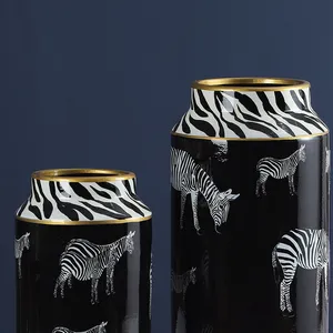 Nordic Style Entry Luxury Black Zebra Painting Cylinder Ceramic Flower Storage Vases With Lid For Home Decoration thumbnail-4