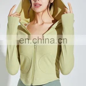 Latest Ribbed Stripe Sports Jacket Women Workout Running Casual Sweatshirt Hooded Side Pockets Long Sleeve Slim Fit Gym Top thumbnail-5