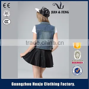 2016 Fashion Blue Short Washed Wholesale Jean Vest Ladies Denim Vest thumbnail-6