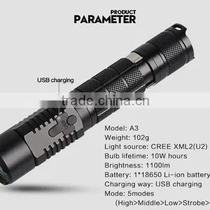 USA Imported XML2(U2) 1100lm USB Leds Torch thumbnail-4