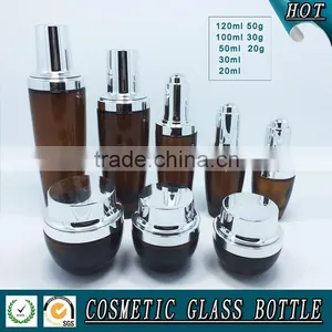 Amber Coloured Cosmetic Glass Lotion Bottles With Silver Pump Cap thumbnail-1