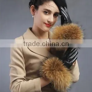 Women Girls Winter Plush Raccoon Fur Leather Mitten Gloves Warm Driving Gift thumbnail-2