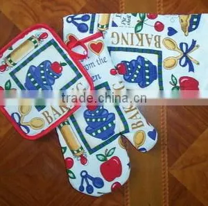 3 Pcs Silk Screen Print Cotton Kitchen Towel and Pot Holder Oven Mitten Set thumbnail-1