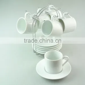 Bulk Stock High White 6pcs Ceramic Cup and 6pcs Saucer Rack With Metal Rack thumbnail-2