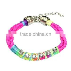 Clear Crystal Chain on Woven Leather Friendship Bracelet Rhinestone Chain Hand Woven in Silk Cord Boho Chic Trendy Bracelet thumbnail-4