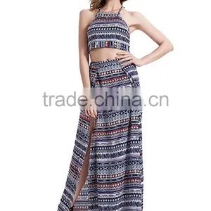 Long Skirt With Kurti and Tops for Sexy Women 2 Pieces Floral Halter Backless Crop Top + Maxi Skirt Set thumbnail-2