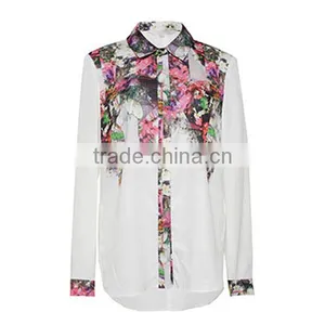 New Model Ladies Fashion Beautiful Shirts 2016 Summer Sweet Long Sleeve Stand Collar White Floral Printed Shirts thumbnail-3