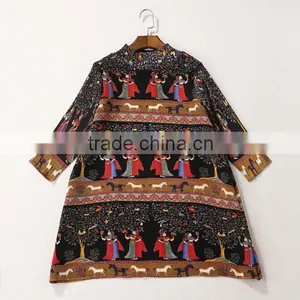 Women Drape Vintage Printed Retro Style Long Sleeve Dresses thumbnail-5