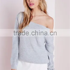Custom Design Women Oversized Knitwear Plain Longline Sweater For Winter Off Shoulder Knitted Jumper Grey thumbnail-3