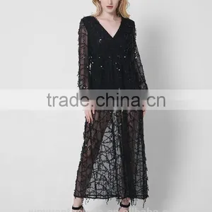 New Long Sleeves Deep V Sexy Dress Net Yarn Tassel Sequins Pictures of Long Skirts Ladies Formal Skirt and Blouse thumbnail-4