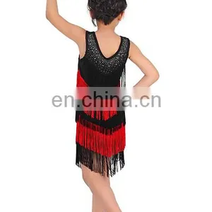 Hot Drill Black and Red Tassel Ballroom Children Kids Latin Dance Costume Dress ET-024 thumbnail-2