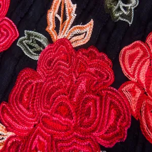 Chinese Red Rose Velvet Satin Embroidery Lace Fabric for Wedding Dress thumbnail-4