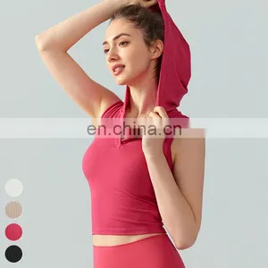 Wholesale Fitness Running Tank Top Hooded V Neck Slimming Fixed Pad Vest Sport Sleeveless Short T Shirt Ribbed Yoga Tops Women thumbnail-1