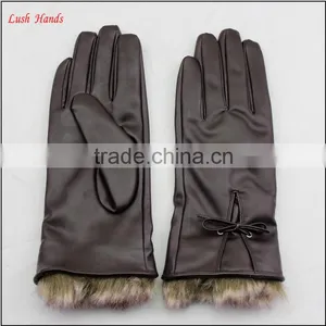 Ladies Brown pu Leather Hand Gloves With Fake Fur thumbnail-2