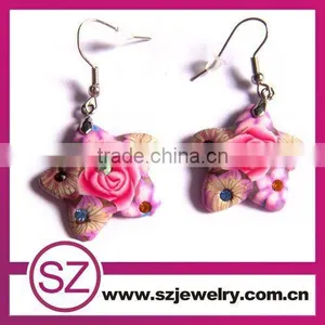 Star Polymer Clay Rose Drop Earring With Rhinestone and Flower Pattern thumbnail-4