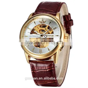 Luxury Genuine Leather Men Watch Gold Skeleton Automatic Watch Bracelet Casual Watch thumbnail-3