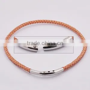 Fashion Stainless Steel Magnetic Brown Leather Necklace thumbnail-1