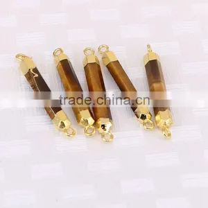 Natural Tiger Eye Gem Stone Connector Beads, Gold Plated Edged Thin and Long Druzy Stones For Jewelry Making thumbnail-1