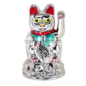 Chinese Oriental Lucky Good Luck Siver Maneki Neko Battery Operated Waving Paw Hand Beckon Cat thumbnail-1