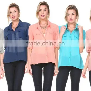 Latest Women Long Sleeve Loose Chiffon Casual Tops Button Down Shirt Ladies Blouse thumbnail-1