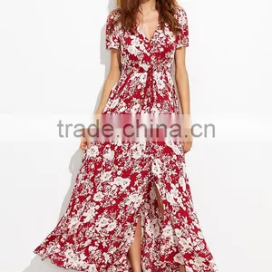 Woman Fashion Short Sleeve Floral Print Button Down Long Maxi Dress thumbnail-2