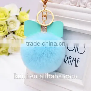 Sweety Cute Koreal Style Rex Rabbit Fur Balls Keychain With Bowknot Leather Keychain thumbnail-1
