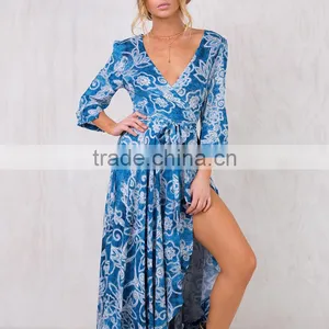 Paisley Print Long Sleeve Maxi Wrap Dress in Blue for Mature Women thumbnail-6
