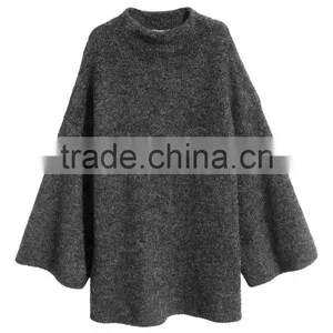 High Quality Long Bell Sleeves Crew Neck Ribbed Handmade Wool Knit Sweater for Women thumbnail-4