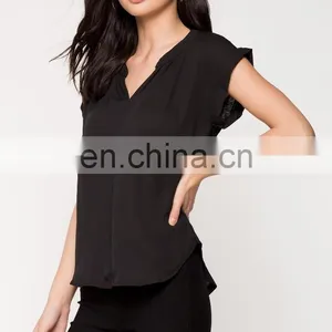 Wholesale Blank Split Neck Short Sleeve Black t Shirts for Women thumbnail-2