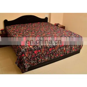 Black Cotton Kantha Work Bird Print Bed Cover Kantha Bird Print Quilt Bedding thumbnail-1