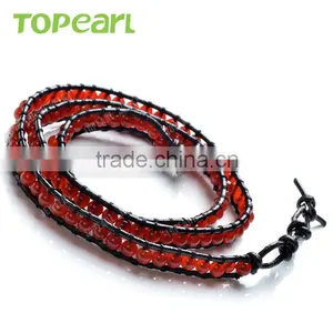 Topearl Jewelry Red Agate Bracelet Woven Leather Wrap Jewelry Bracelet CLL169 thumbnail-3