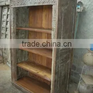 RECYCLE WOOD BOOK SHELF Antique Wooden and Metal Book Shelf Wooden Book Shelves PAINTED CARVING BOOKSHELF thumbnail-1
