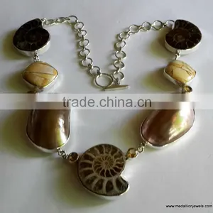 Nautilus Shell Brown Ammonite & Brecitted Mookaite Necklace, 925 Sterling Silver Necklace, Designer Necklace thumbnail-1