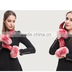 Hot Pink Lamb Leather Gloves With Fluffy Fox Fur Trim Fashion Leather Wrist Gloves thumbnail-2