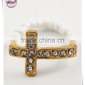 Gold Tone / White Seed Beads & Clear Rhinestone / Cross Stretch Ring thumbnail-1
