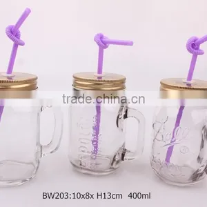 400ml Glass Mason Jar With Handle and Plastic Straw thumbnail-1