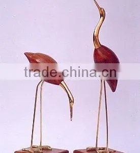 Brass & Wooden Crane Pair Antique Crane Pair, Wooden Crane Sculpture, Crane Figure thumbnail-1