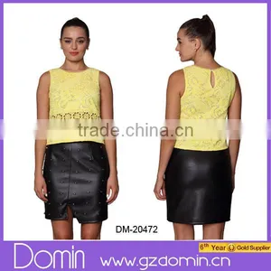 Women Yellow Sleevesless Round Neck Lace Tops thumbnail-1
