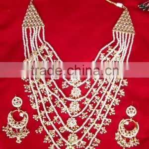 7 Line Bridal KUNDAN GOLD PLATED Necklace DANGLER EARRING Set thumbnail-1
