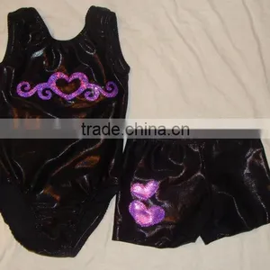 Dance Outfit and Shorts Black Mystique With Purple Heart Pattern on Leotard and Hearts thumbnail-1