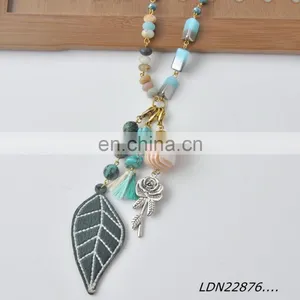 Bohemian Long Amazonite Beaded Leather Necklace With Turquoise and Leather Leaves Pendant thumbnail-4