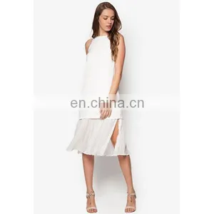 Fashion Ladies Clothes Latest Design Pleat Hem Sleeveless White Women Dress thumbnail-2