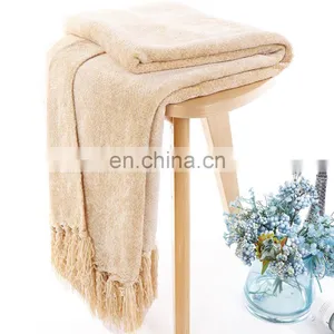 Best Quality Light Yellow Acrylic High Quality Blanket Jacquard Knitted Blanket With Tassels thumbnail-1
