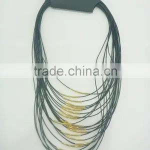 FACHION MULTI ROW WAX CORD NECKLACE WITH METAL TUBES MAGNET CLOSURE thumbnail-4